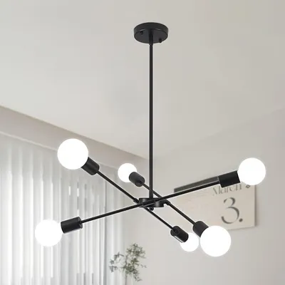 Obrázek produktu pro Moderní lustr do obývacího pokoje, 6 plamenů, styl Sputnik, černý. Závěsné osvětlení do obývacího pokoje, černé, stropní lampa, patice E27, vhodná pro jídelní stůl, ložnici, kuchyni, s nastavitelnou výškou
