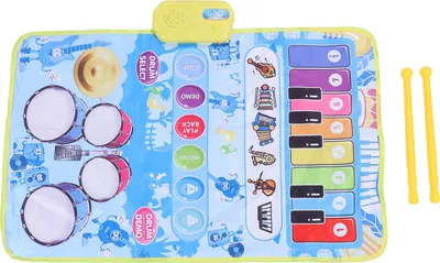 Immagine prodotto di tappetino 2 in 1 per pianoforte e batteria 13 tasti 5 strumenti musicali suoni gioco interattivo musicale per bambini blu