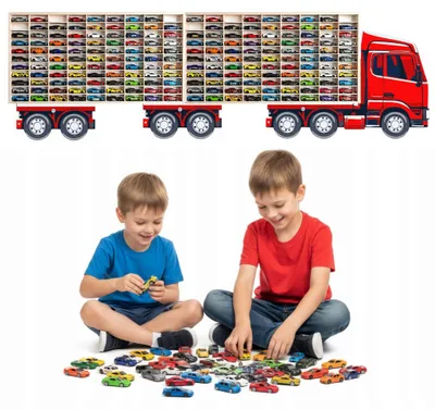Modellauto-Regal für 160 Autos 1:64 – 2 Wandregale als Setzkasten für Spielzeugautos, Lkw-Motiv, Rot, Birken-Sperrholz, Design 2 – mit Modellautos an der Wand