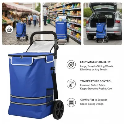 Obrázek produktu pro Nákupní vozík – skládací – vyrobený z oxfordské tkaniny – nosnost 30 kg – rozměry 36,5 × 46,5 × 100,5 cm – barva: nebesky modrá