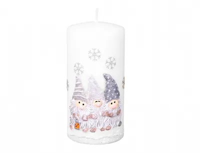 Productafbeelding van Kerstkaars, cilinder, dwergjes, Ø 7 x 14 cm, wit