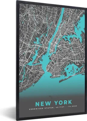 Produktbild von MuchoWow® Gerahmtes Poster New York - Stadtplan - Blau - Karte 20x30 cm - Poster mit Schwarzem Bilderrahmen Wandposter Rahmen Foto Bilder - Drucken - Bilder Poster im Rahmen