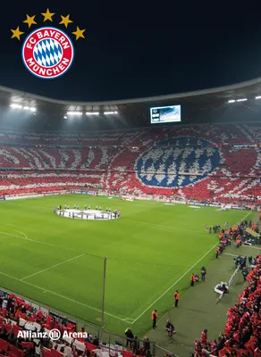 A football stadium with fans in the stands and a logo of FC Bayern München.