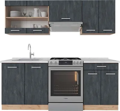 Produktbild von Küchenzeile Vicco R-Line Schwarz Beton/Goldkraft Eiche 200 cm AP Marmor, Model 47374