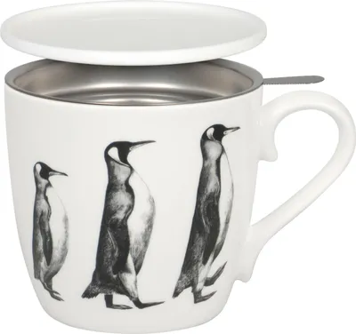 Produktbild von KÖNITZ 115S572987 Becher AMAZING ANIMALS Pinguin 425 ml mit Sieb und Deckel, Bone China Porzellan / Design Vanessa Kahl