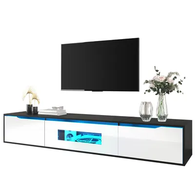 Produktbild von TV-Schrank Hochglanz 180 cm mit LED-Beleuchtung, TV-Lowboard Schwarz Weiß mit USB-Anschluss, modernes TV-Board Wandmontage, Fernsehschrank Wohnzimmer