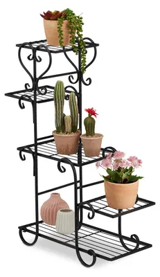 Produktbild von Blumenständer aus Metall im Vintage-Stil, H x B x T: 75 x 56 x 23 cm, Zimmerpflanzenständer mit 5 Ablagen, schwarz
