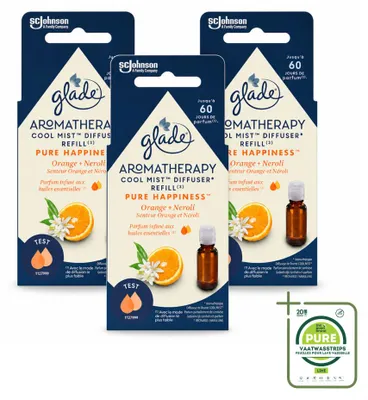 Imagen del producto de 3 unidades de recambio de ambientador Glade Aromatherapy, línea "Pure Happiness", con aroma a naranja y neroli, de 17,4 ml cada uno. Paquete grande