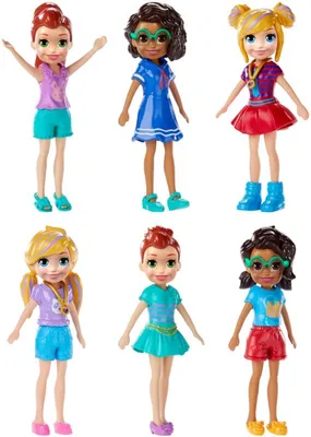 Six Polly Pocket dolls are arranged in two rows of three against a white background.