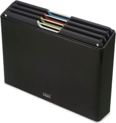 A black cutting board set with colored tabs is shown against a white background.