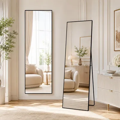 Immagine prodotto di Specchio a figura intera INONEFT, 162x53 cm, specchio da terra con cornice nera, specchio da parete, stabile e regolabile in altezza, adatto per soggiorno, camera da letto e cabina armadio, Immagine generata dall'IA