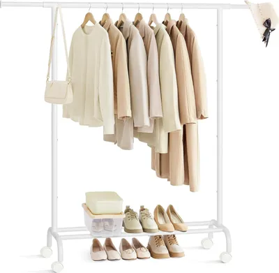 Produktbild von Kleiderständer auf Rollen - Rollender Kleiderständer - Mobiler Kleiderschrank - 45 kg Kapazität - Weiß - 40 cm x (83-120) cm x 156 cm