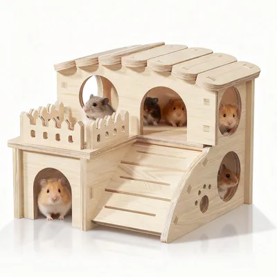 Produktbild von Hamsterhaus Hamsterburg Kleintierhaus - Holz - Zwei Etagen mit Leiter - Spielhaus für Kleinnager