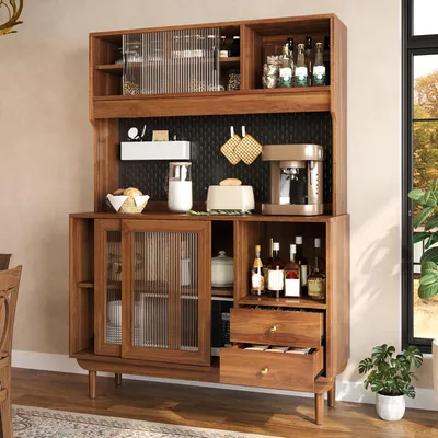 Productafbeelding van STILVORA keukenbuffet met ribbelglas schuifdeuren en open vakken, keukenkast met lades, buffetkast met achterwand van gaatjesplaten