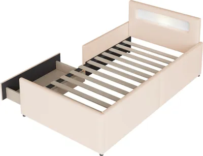 Obrázok produktu pre Postel s čalúneným rámom, 90x200 cm, s LED osvetlením, s USB portom, s zásuvkami, s úložným priestorom, s odkladacími plochami, farba: béžová