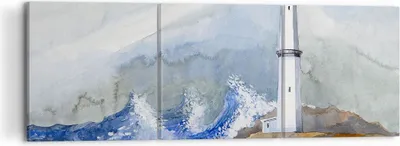 Produktbild von Bild auf Leinwand - Leinwandbild - Leuchtturm Wasser Illustration Welle - 120x40cm - Wand Bild - Wanddeko - Leinwanddruck - Bilder - Kunstdruck - Leinwand bilder - Wandkunst - CA120x40-2997