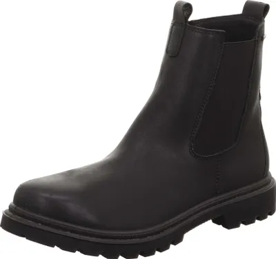 A black leather chelsea boot is shown against a white background.