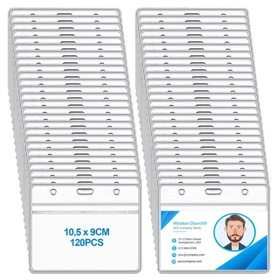 Image de 120 porte-badges, porte-badges étanches 9 x 10,5 cm, porte-badges transparents en PVC, porte-badges horizontaux, porte-badges de protection pour le personnel, les étudiants et les expositions.