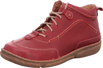A single red leather boot is shown against a white background.