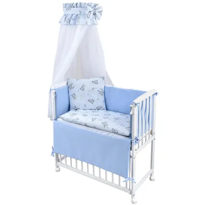 Produktbild von Baby-Delux Beistellbett Stillbett Babybett 90x40 weiß inkl. Matratze Bettwäsche Set komplett Waffelpique Bärchen Blau