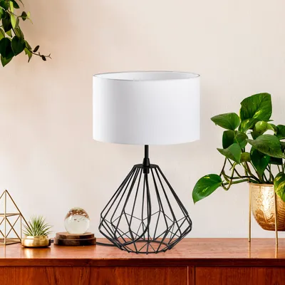 Produktbild von Opviq, Hochwertige Tischlampe, Schwarz, 25 x 25 x 43 cm | Metallkörper, Stoffschirm, 200 cm Kabel, E27 Fassung, Max 40 W | Modernes, industrielles Design für jeden Raum.