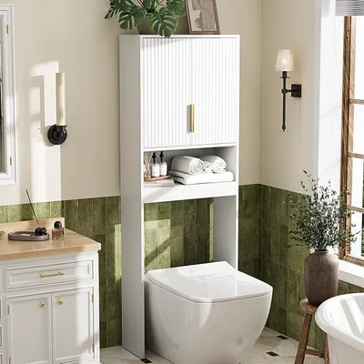 Produktbild von FCH Waschmaschinenschrank, WC Regal über mit 2 Türen, Verstellbarer Ablage, für Waschmaschine und WC, 60.5 x 25 x 173 cm, Weiß