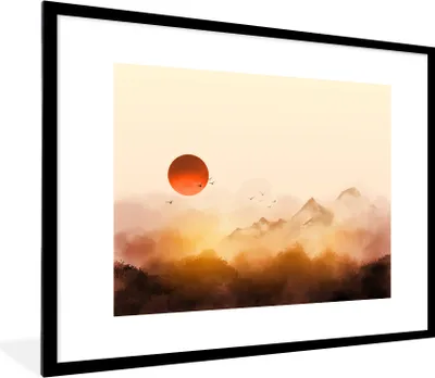 Produktbild von MuchoWow® Gerahmtes Poster Malerei - Sonne - Landschaft - Vögel 80x60 cm - Poster mit Schwarzem Bilderrahmen Wandposter Rahmen Foto Bilder - Schlafzimmer-Dekorationen - Fotoposter