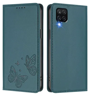 Image de Étui en cuir pour Samsung Galaxy A12, étui de protection type portefeuille en cuir gaufré « papillon » avec support, vert