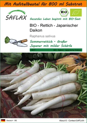 Produktbild von SAFLAX Garden in the bag - BIO - Rettich - Japanischer Daikon - Raphanus sativus - 100 Samen - Mit Anzuchtsubstrat im praktischen, selbst aufstellenden Beutel