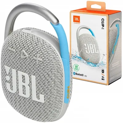 A JBL Clip 4 speaker and its packaging are shown side-by-side against a white background.
