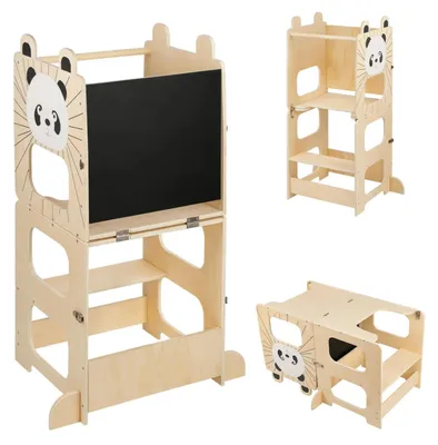 Zdjęcie produktu dla Kinder Learning Tower – Pomoc kuchenna Montessori – Od 1 roku życia – Regulowana wysokość – Drewniana – Z tablicą – Motyw pandy