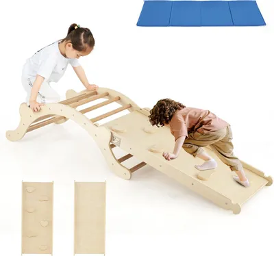 Produktbild von 3-in-1 Klettergerüst Indoor mit umkehrbarer Rampe zum Klettern & Rutschen, Kletterbogen mit Rutsche und weicher Matte, Klettergerät, Kletterdreieck für Kinderzimmer