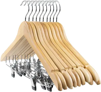 Obrázek produktu pro Dřevěné ramínka na oblečení s úchyty na kalhoty - 12 kusů - 45 cm