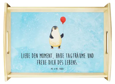 Produktbild von Mr. & Mrs. Panda Tablett Pinguin Luftballon - Eisblau - Geschenk, Liebe, Neustart, Glück, Servier, Motivation, holz, Deko, Holztablett, aus