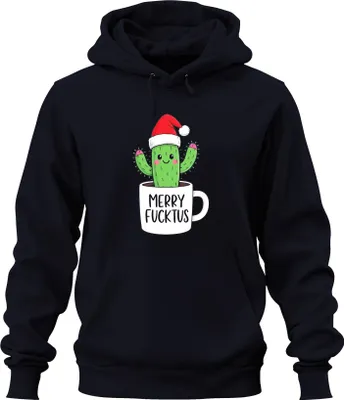 Obrázek produktu pro MERRY FUCKTUS funny Christmas cactus Santa hat gift uni hoodie mikina s kapucí, navy, M