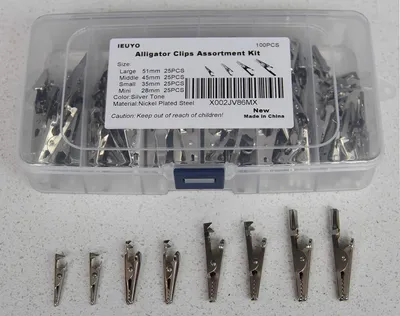 Produktbild von Mehrzweck-Mini-Krokodilklemmen aus Metall für Batterietestkabel, Stahl-Krokodilklemmen, Tischkartenhalter, silberfarben, vernickelt, groß/mittel/klein/mini (51/45/35/28 mm), 4 Größen/100 Stück