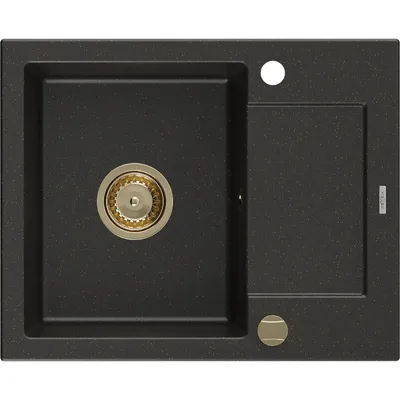Obrázok produktu pre Mexen Enzo granitový jednokomorový drez s odkvapkávačom 576 x 465 mm, Čierna/Zlatá metalíza, Sifón Zlatá - 6506571005-75-G