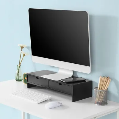 SoBuy Arbeitsplatzorganizer BBF02-SCH schwarz unter Monitor auf weißem Schreibtisch