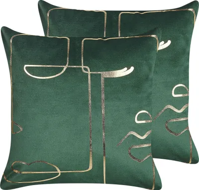 Obrázek produktu pro BELIANI Sada 2 dekorativních polštářů zelené sametové 45 x 45 cm zlatý potisk motiv tváře elegantní design