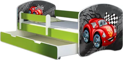 Produktbild von ACMA Jugendbett Kinderbett Junior-Bett Komplett-Set mit Matratze Lattenrost und Rausfallschutz Grün 05 Grüne Auto 180x80 + Bettkasten