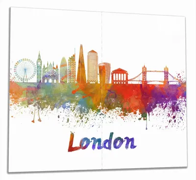 Produktbild von Wallario Herdabdeckplatte aus Glas, Größe 60 x 52 cm 2-teilig, Motiv Städte als Aquarell - Skyline von London