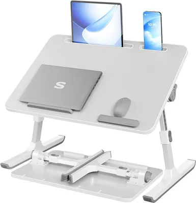 Imagen del producto de Mesa ajustable para portátil - Mesa de cama con cajón - Aluminio y aglomerado - 60 x 40 x 25 cm - Blanco