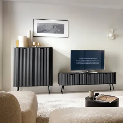 Produktbild von Wohnzimmer Set schwarz gerillt, Highboard und Lowboard, Füße schwarz, ZARA-160
