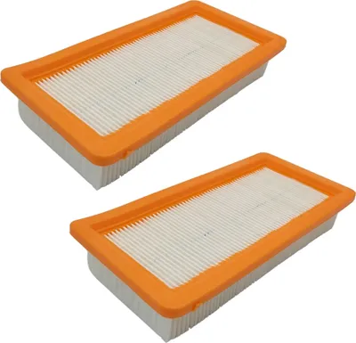 Two rectangular air filters with orange frames and white pleated filter material are shown on a white background.