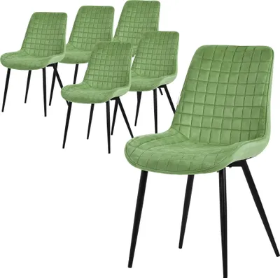 A set of six green dining chairs with black metal legs.