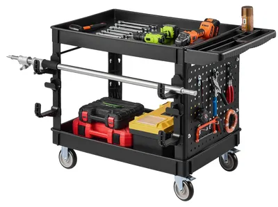 Productafbeelding van VEVOR Servicekar, werkplaatskar, gereedschapskar, PP, 1140x610x840mm, zwart. Rollende kar met een draagvermogen van 250 kg. Inclusief: 2 niveaus, 4 wielen, pegboard haken, handgreep met opbergvak. Multifunctionele kar voor de werkplaats