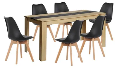 Image de Ensemble de salle à manger comprenant une table rectangulaire en chêne de 160 cm et 6 chaises noires