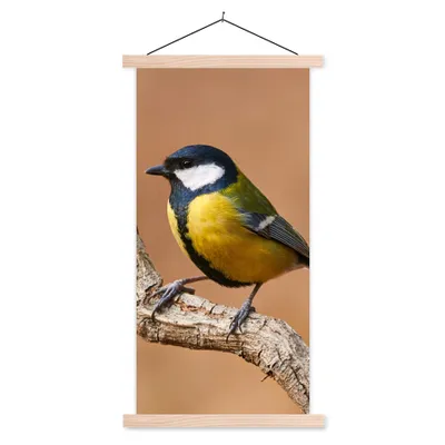 Produktbild von MuchoWow® Textilposter Vogel - Kohlmeise - Zweige 60x120 cm mit holzfarbenen Rahmen - Holz