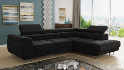 Produktbild von Ecksofa Caris mit Schlaffunktion und einstellbare Kopfstützen, Wohnlandschaft, Couchgarnitur, Bettkasten, Sofagarnitur, Couch, Sofa (Schwarz (Kronos 07), Ecksofa Rechts)