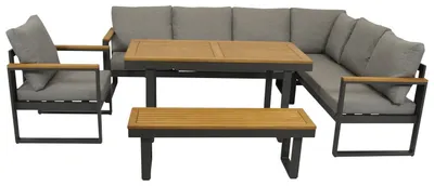 Ein Gartenmöbel.Gartenmöbelsets.Metall im Maß 317 x 71 x 222 aus Akazie, Polyester, Aluminium. Farbe Braun, Grau